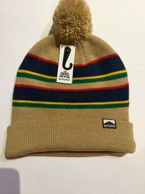 Autumn Tan Striped Pom Beanie